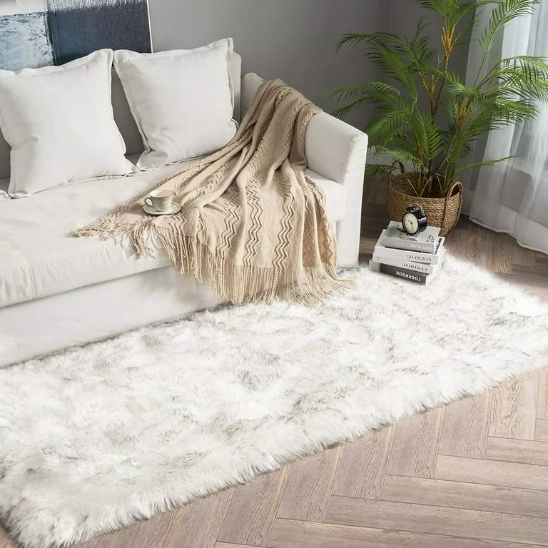 Latepis Faux Sheepskin Fur Runner Rug, 2x6 White with Grey Tips