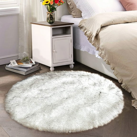 Latepis White with Grey Tips Faux Fur Round Rug 6.7 ft Sheepskin Circle Rug for Living Room Fluffy Washable Rug for Bedroom Living Room Teen Room
