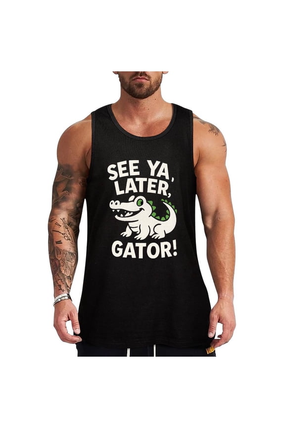 Later Gator Playful Farewell Phrase With Alligator Imagery Men's Tank Top Muscle Workout Gym Sleeveless Shirt for Workout, Casual Wear, Walking Small