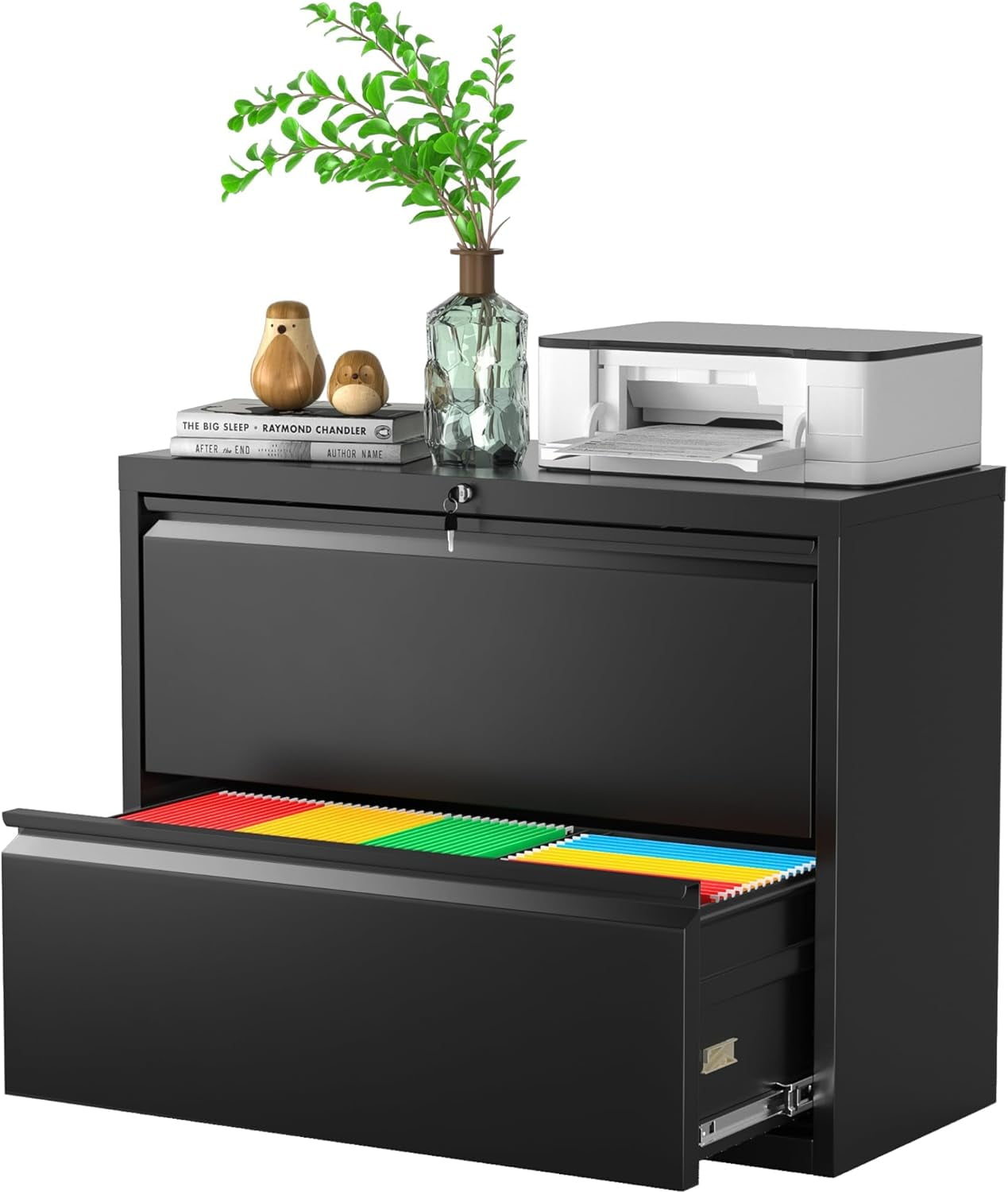 Lateral File 2 Drawer, Black Filing with Lock, Lockable File for Home