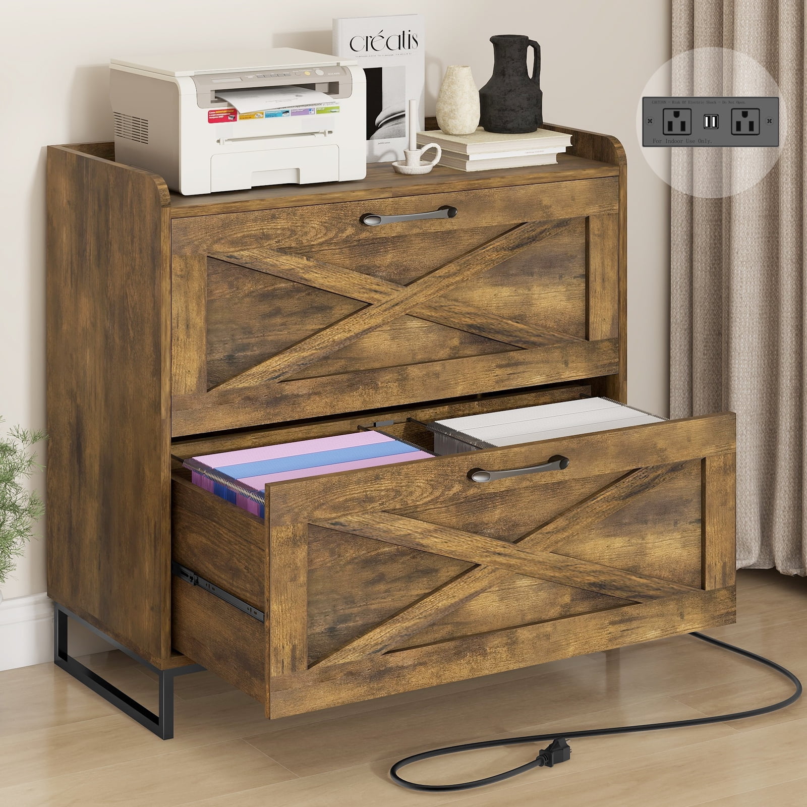 Lateral File Cabinet 2 Drawer File Cabinet with Charging Station for Legal/Letter/A4 Size Hanging Files, Large Wood File Storage Cabinets Printer Stand for Home Office Furniture, Rustic Brown