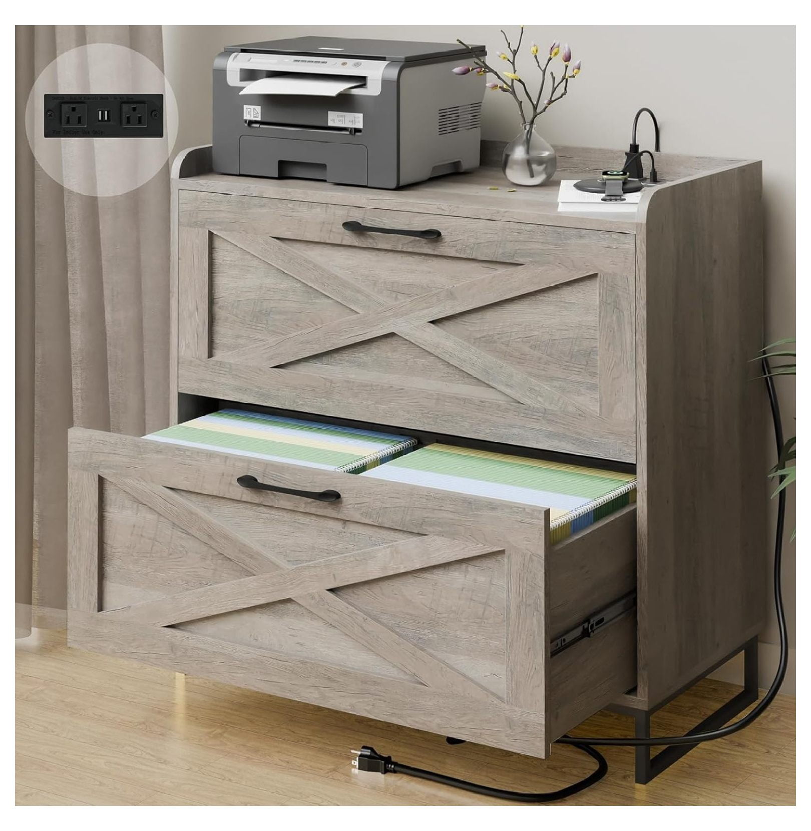 Lateral File Cabinet 2 Drawer File Cabinet with Charging Station for ...