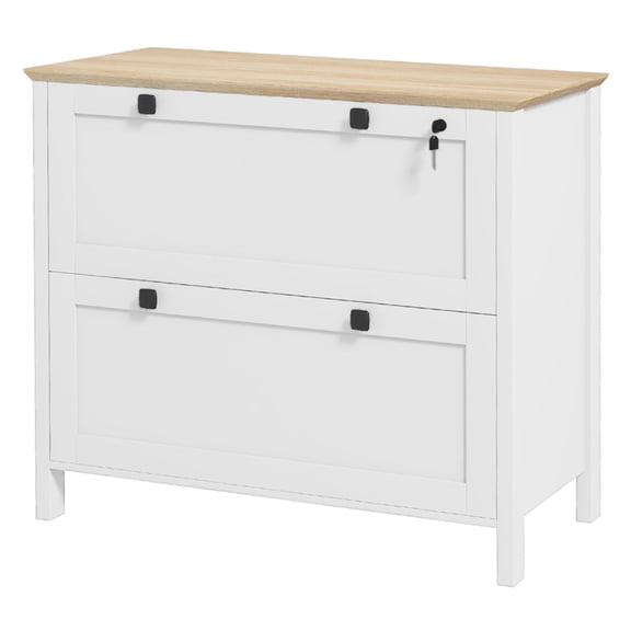 Lateral File Cabinet 2 Drawer, White/Oak Office Storage Cabinet with Adjustable Hanging Bar for Legal, Letter, A4 Files - Lockable