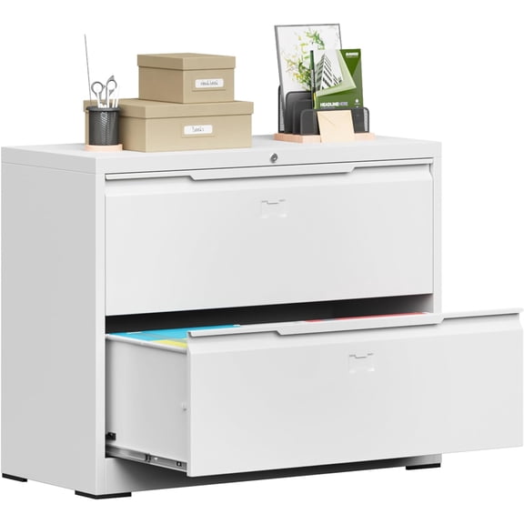 Lateral File Cabinet, 2 Drawer Wide File Cabinet with Lock, Metal Lateral Filing Organization Storage Cabinets for Hanging Files Letter/Legal/F4/A4 Size, Easy Assemble White