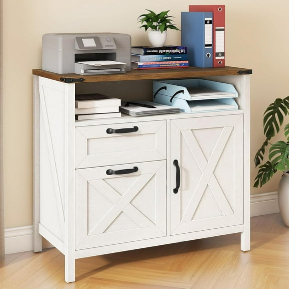 Lateral File Cabinet with 2 Drawers and Door Farmhouse File Cabinet for A4/Letter Size Hanging Files, Large Wood File Storage Cabinets Printer Stand with Open Space for Home Office Furniture, White