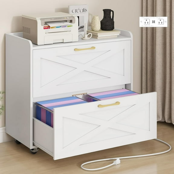 Lateral File Cabinet 2 Drawers Mobile File Cabinet with Charging Station for Letter/Legal/A4 Size Hanging Files, Large Wood File Storage Cabinets Printer Stand for Home Office, Simple White