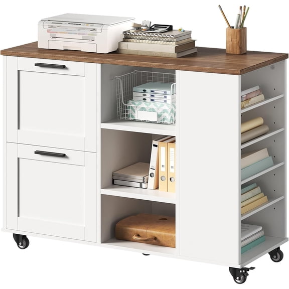 Lateral File Cabinet, 2 Drawers Mobile Filing Cabinet for Home Office, Printer Stand with Adjustable Open Shelves, with Locking Casters, fit Legal/Letter/A4 Files, Walnut and White