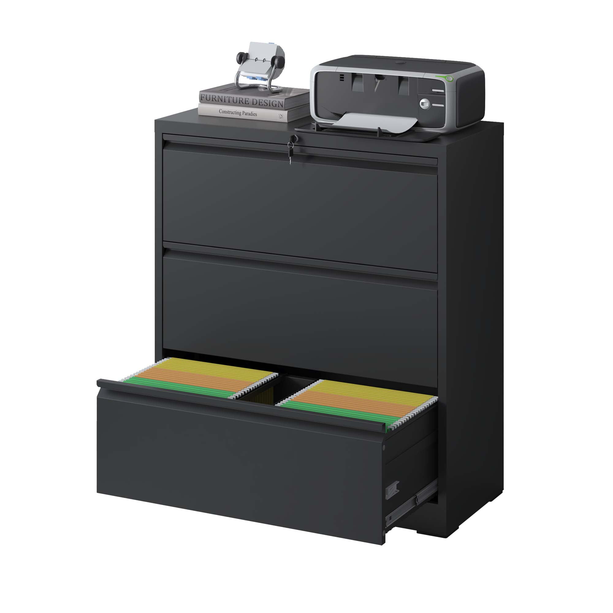 Ikuby 3 Drawer Lateral File Cabinet with Lock for Home and Office, Black