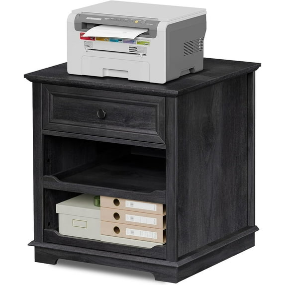 Lateral File Cabinet 3 Drawer File Cabinet with Charging Station, Printer Stand with Open Adjustable Storage Shelves, Lateral Filing Cabinet for Home Office, Black