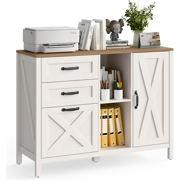 Lateral File Cabinet with 3 Drawers and Door, Farmhouse File Cabinet with Adjustable Shelf for Letter/A4 Size Hanging Files, Printer Stand with Storage Cabinet for Home Office Furniture, White