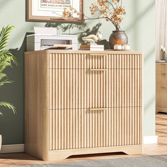 Lateral File Cabinet with 3 Drawers, Fluted Design for Letter/Legal/A4 Hanging Files, Wood File Storage Cabinet with Printer Stand, Natural Oak Finish