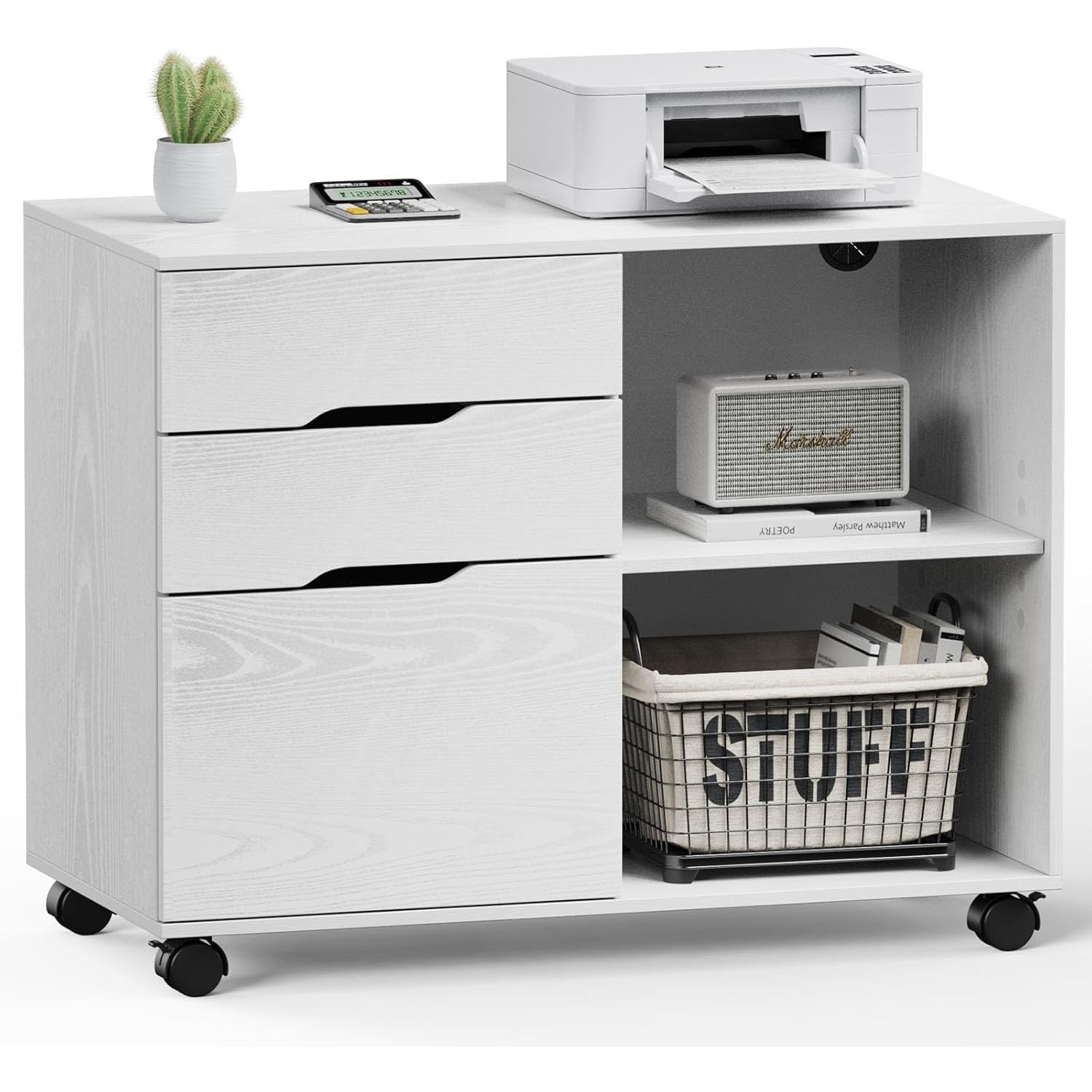 Rolling Lateral File Cabinet - Wood Office Storage With Drawers & Shelves For Home Office