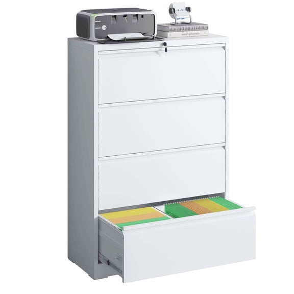 XUTUMM 4-Drawer Locking Lateral File Cabinet - White Lockable Metal Filing Cabinet for Legal/Letter/A4/F4 Size