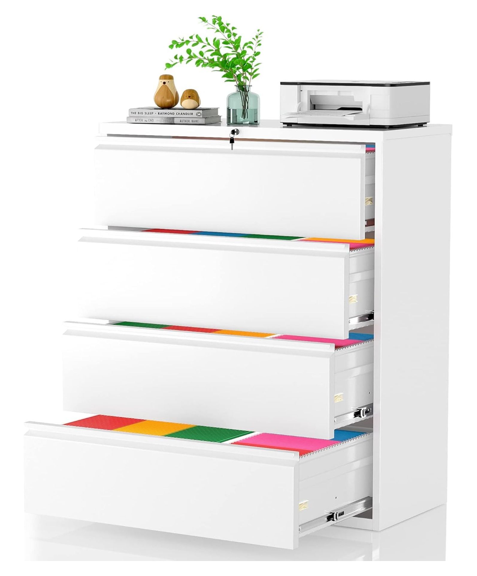 Lateral File 4 Drawer, White Filing with Lock, Lockable