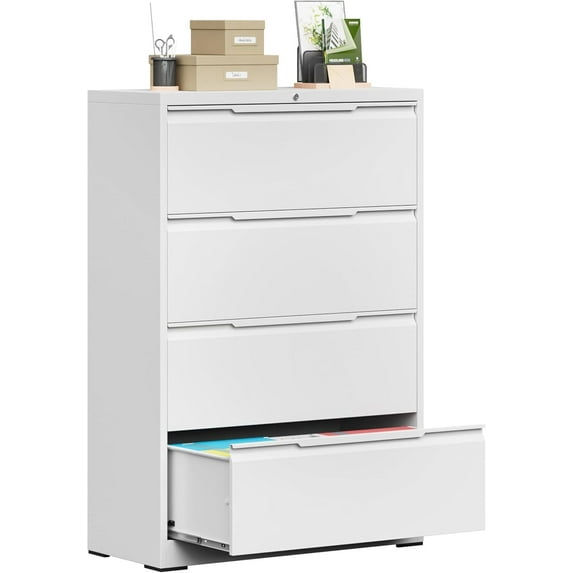 Lateral File Cabinet, 4 Drawer Wide File Cabinet, Metal Filing Cabinets with Lock, Large Deep Drawer for Home Office School Hanging Files Letter/Legal/A4/F4 Size, Assembly Required, White