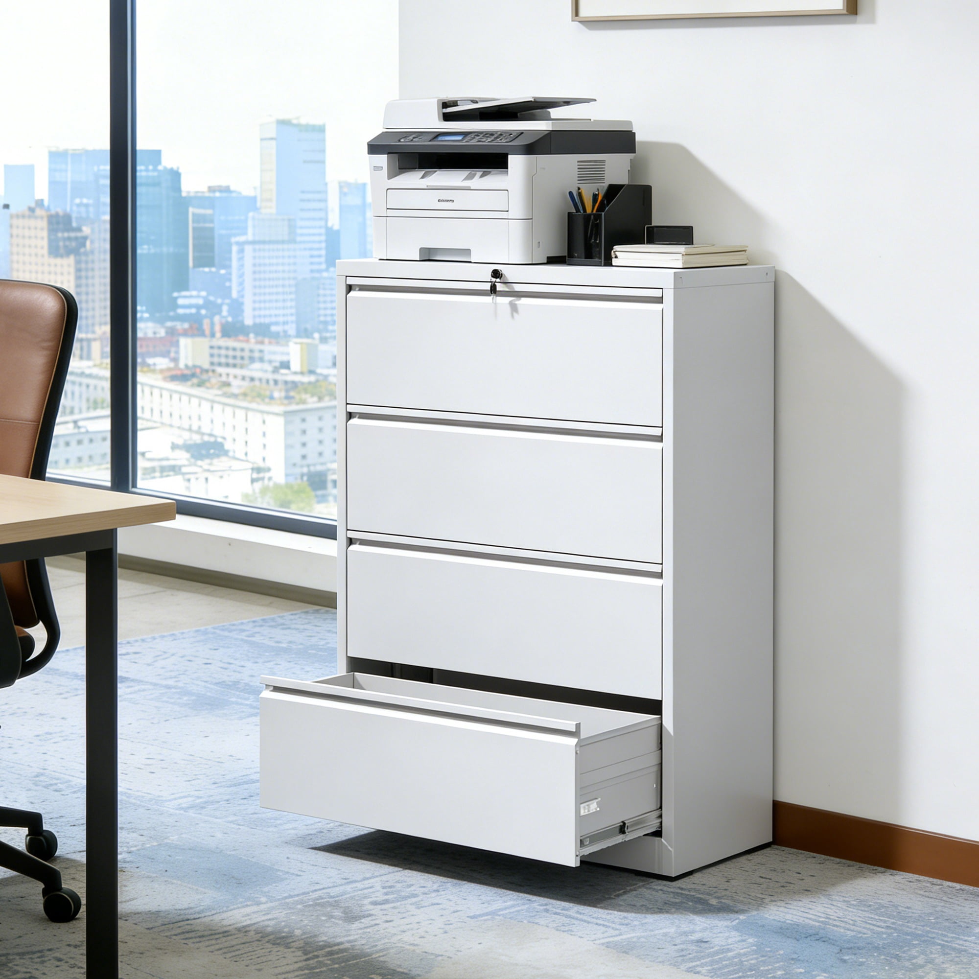 Lateral File Cabinet 4-Drawer with Lock, Heavy Duty Metal Filing Cabinet and Document Storage Organizer for Home Office Letter Legal A4 Files, White