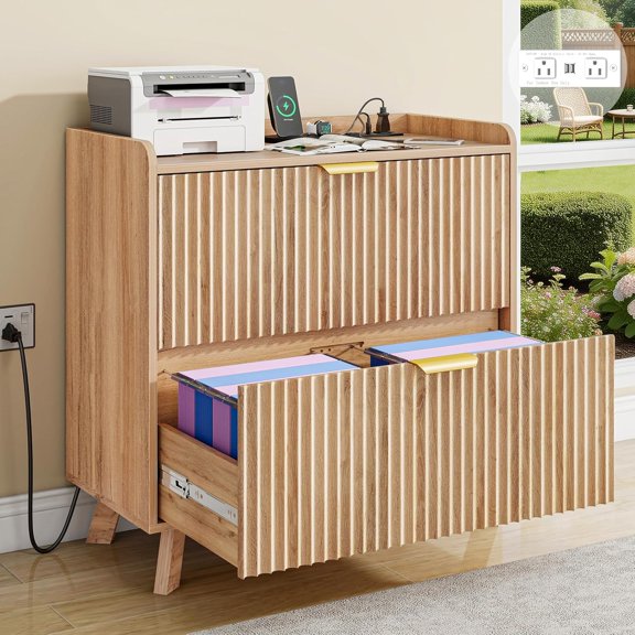 Lateral File Cabinet with Charging Station, Modern Fluted 2 Drawer File Cabinet for Letter/Legal/A4 Size Hanging Files, Large Wood File Storage Cabinets Printer Stand for Home Office, Natural Oak