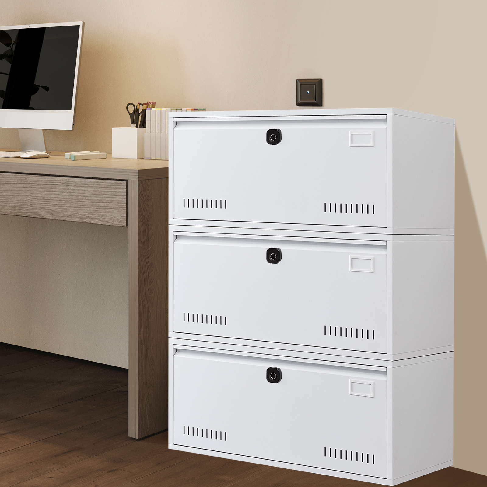 Lateral File with Fingerprint Lock, Lockable Lateral Filing