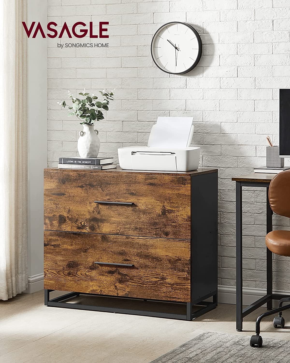 Lateral File Cabinet, Home Office Printer Stand, 2-Drawer Filing Cabinet, Rustic Brown and Black