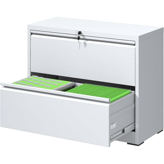 Lateral File Cabinet with Lock, 2 Drawer Metal Filing Cabinet, File Cabinet Organizer for Home Office, Easy Assembly, Lockingl File Cabinets for Legal/Letter/A4, 35.43"W x 15.75"D x 28.5"H,White