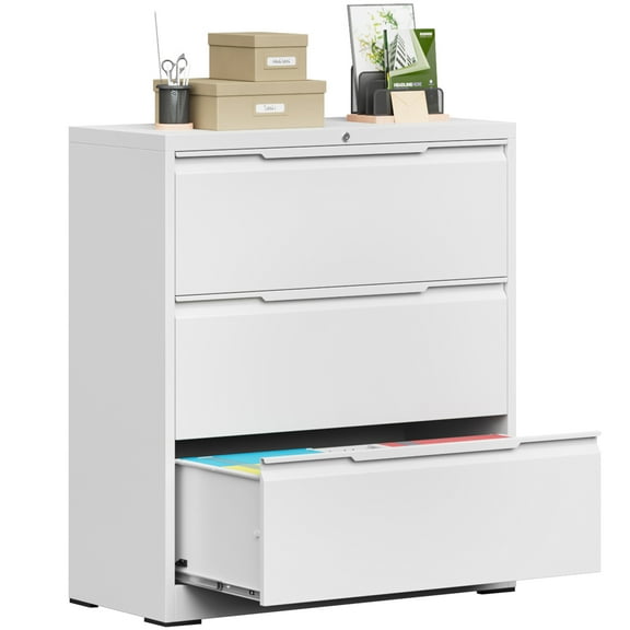 Lateral File Cabinet with Lock, 3 Drawer Lateral Filing Cabinet for Office Home, Locking Metal Steel Wide File Cabinet for Hanging Files Letter/Legal/F4/A4 Size, Easy Assemble White