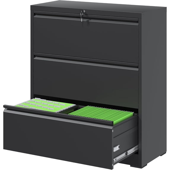 Lateral File Cabinet with Lock, 3 Drawer Metal Filing Cabinet, File Cabinet Organizer for Home Office, Easy Assembly, Lockingl File Cabinets for Legal/Letter/A4, 35.43"W x 15.75"D x 40.39"H,Black