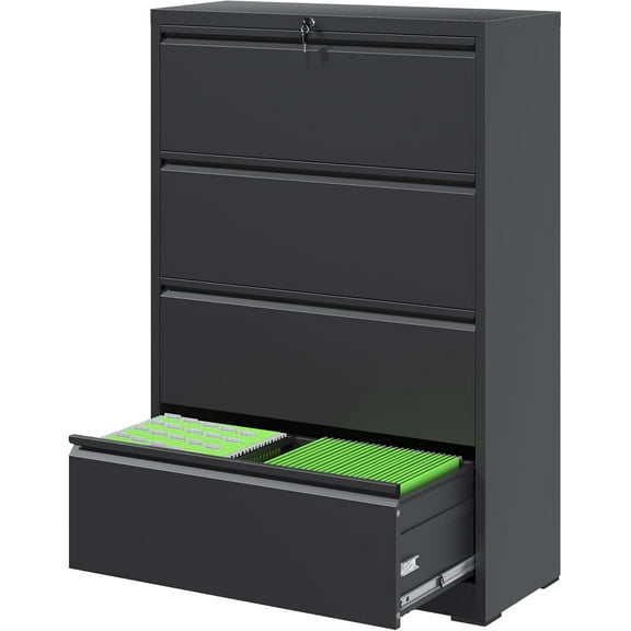 Lateral File Cabinet with Lock, 4 Drawer Metal Filing Cabinet, File Cabinet Organizer for Home Office, Easy Assembly, Lockingl File Cabinets for Legal/Letter/A4, 35.43"W x 15.75"D x 52.28"H, Black