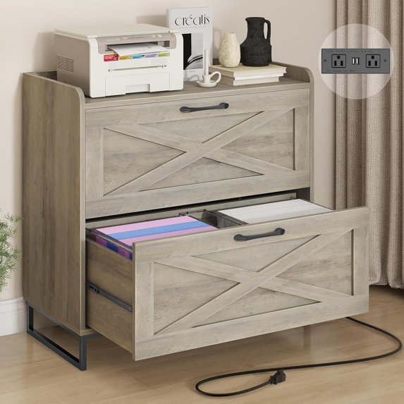 Lateral File Cabinet with Charging Station for Letter/Legal/A4 Size Hanging Files, Large Wood File Storage Cabinets Printer Stand for Home Office