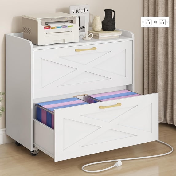 Lateral File Cabinet with Charging Station for Letter/Legal/A4 Size Hanging Files, Large Wood File Storage Cabinets Printer Stand for Home Office