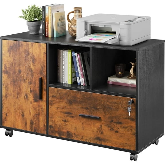 GALAXHERO Lateral File Cabinet with Lock, Rolling Wood Cabinet for Home Office, Printer Stand with Shelf, Fit Legal/A4 Size, Rustic Brown