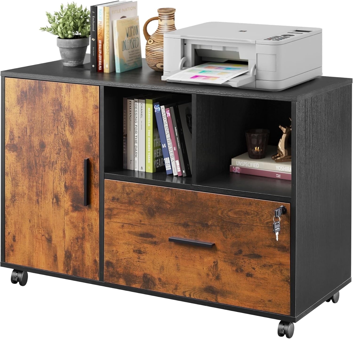 GALAXHERO Lateral File Cabinet with Lock, Rolling Wood Cabinet for Home Office, Printer Stand with Shelf, Fit Legal/A4 Size, Rustic Brown