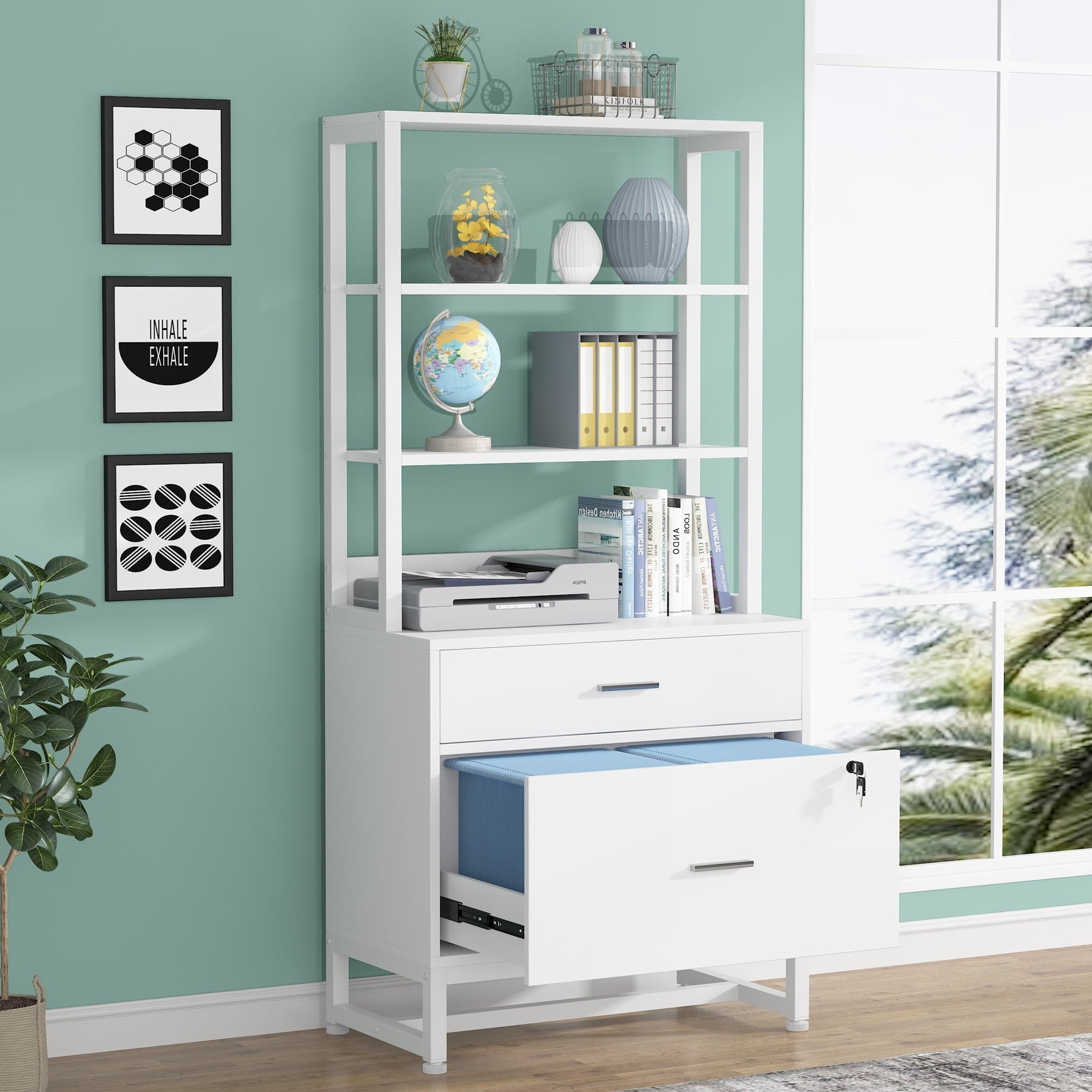 Lateral File with Lock, Modern Filing Bookcase White