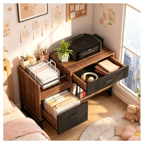 Lateral Filing Cabinet 39 Inch - 2 Drawer Metal File Cabinet for Office & Home Storage - Rustic Wood Finish Printer Stand Organizer