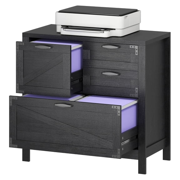 Lateral Filing Cabinet, 4 Drawer Black File Cabinet for Home Office, Legal/Letter/A4 File Storage, Farmhouse Style Wood File Cabinet with Silent Slides