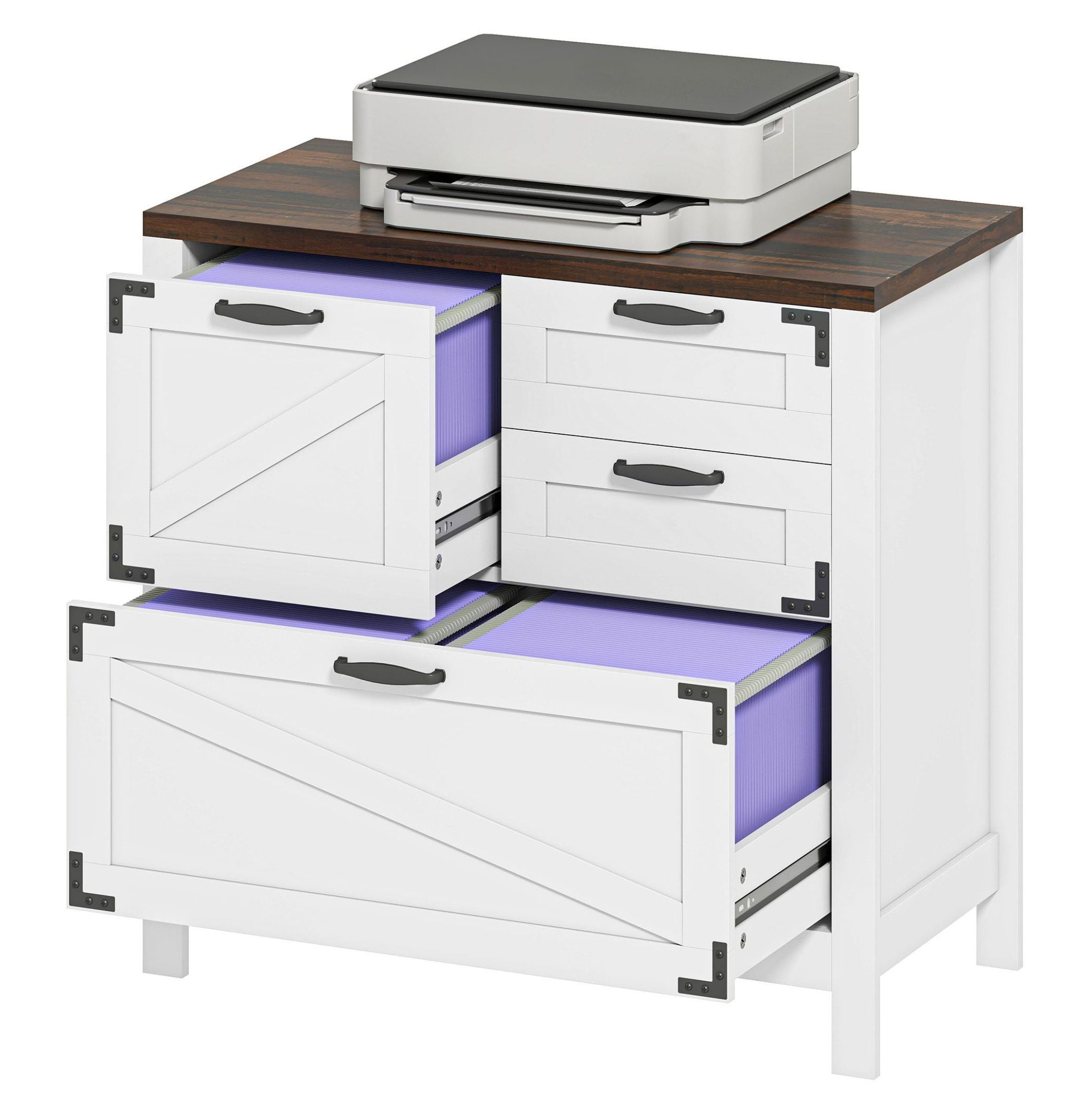 HOMCOM 4-Drawer Lateral File Cabinet, White Farmhouse Office Storage Cabinet for Legal, Letter & A4 Files, Engineered Wood with Printer Top, Home Office & Study Organization