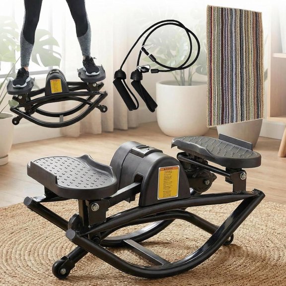 Lateral Rocking Fitness Stepper Home Workout Machine Rock Stepper Side to Side with Digital Display and Resistance Bands Low-Impact Mini Stepper for Knees Joints Leg Glute