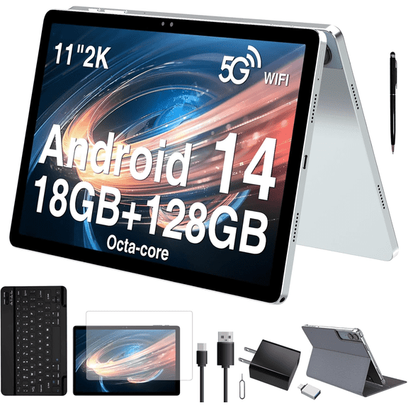 Latest 11 inch Android Tablet with Gemini AI, 2-in-1 Tablet with Keyboard and Pen, 18GB RAM 128GB ROM 1TB Expand, 2K Display Octa-Core, 13MP Camera 9000mAh Battery, GPS Face ID, Quad Speakers