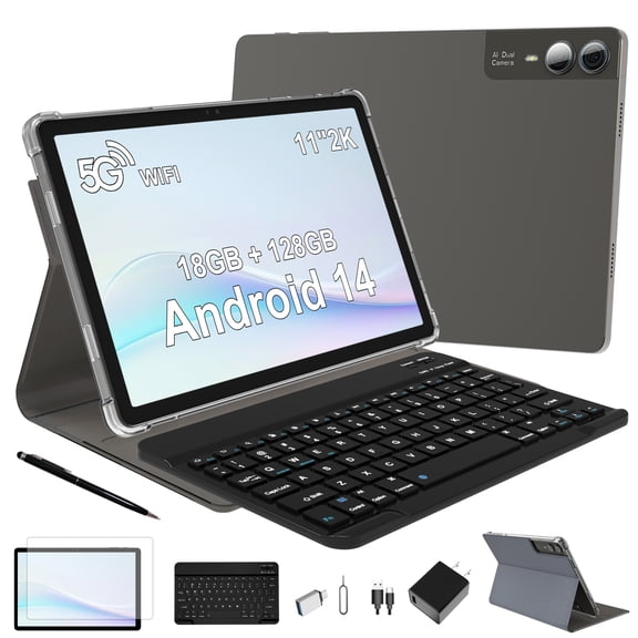 Latest 11 inch Android Tablet with Gemini AI, 2-in-1 Tablet with Keyboard and Pen, 18GB RAM 128GB ROM 1TB Expand, 2K Display Octa-Core, 13MP Camera 9000mAh Battery, GPS Face ID, Quad Speakers