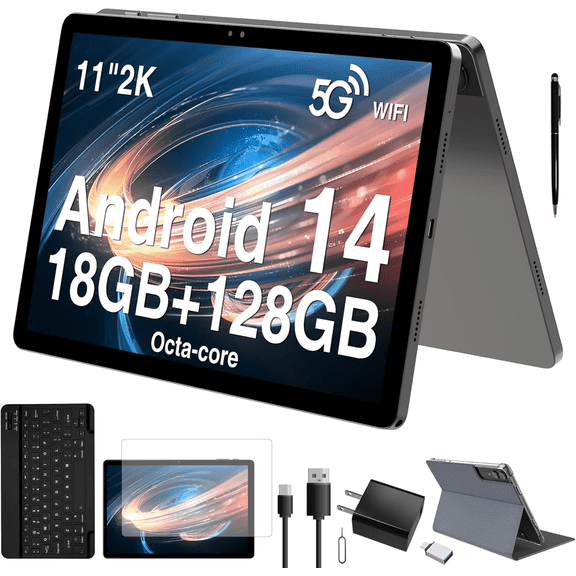 Latest 11 inch Android Tablet with Gemini AI, 2-in-1 Tablet with Keyboard and Pen, 18GB RAM 128GB ROM 1TB Expand, 2K Display Octa-Core, 13MP Camera 9000mAh Battery, GPS Face ID, Quad Speakers