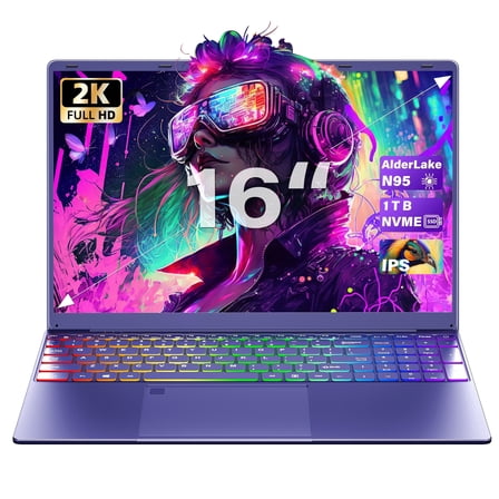 Rumtuk 16 inch Purple Laptop, LPDDR4 16G RAM, 1T NVMe SSD, 2K FHD IPS, Win 11 Pro/Office 2019, Celeron N95 CPU , Color Backlit KB, Finger Print, USB3.0, WIFI, Gaming PC Notebook for Work Study