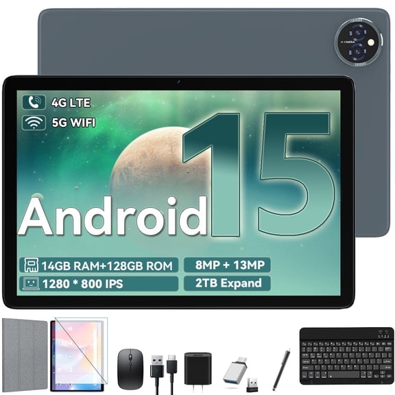 Latest Android 15 Tablet with 4G LTE Cellular,14GB RAM,128GB ROM,2TB Expand,Octa Core,10.1 Inch FHD IPS Screen,8000mAh Battery,8+13MP Dual Camera,Dual Sim Card Slot,2.4/5G WiFi,Bluetoot