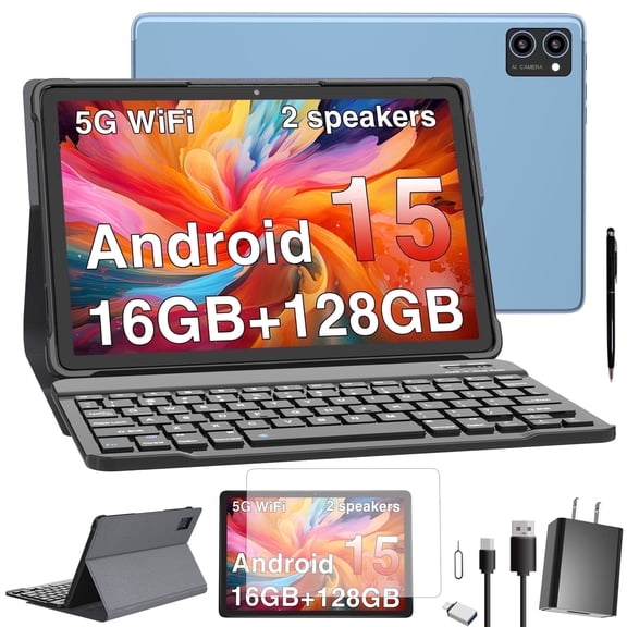 Latest Android 15 Tablet, 128GB ROM+16GB RAM+1TB Expand, 10.1 inch Tablet, 5G WiFi, T606 Octa-Core, 3- Camera , Incell IPS Screen, 8000mAh, Tablet with Keyboard, case, stylus, Dual speakers