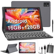 Latest Android 15 Tablet, 128GB ROM+16GB RAM+1TB Expand, 10.1 inch Tablet, 5G WiFi, T606 Octa-Core, 3- Camera , Incell IPS Screen, 8000mAh, Tablet with Keyboard, case, stylus, Dual speakers