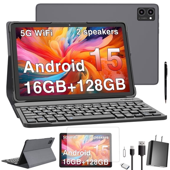 Latest Android 15 Tablet, 128GB ROM+16GB RAM+1TB Expand, 10.1 inch Tablet, 5G WiFi, T606 Octa-Core, 3- Camera , Incell IPS Screen, 8000mAh, Tablet with Keyboard, case, stylus, Dual speakers