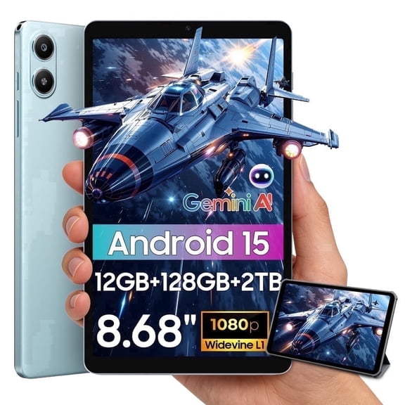 Latest Android 15 Tablets Link 2 , 8.68 Inch IPS Display, 12GB RAM 128GB ROM /2TB TF, Gemini AI, T310 Ouard-Core, 5000mAh Battery, Widevine L1, Dual Box Speakers,Blue
