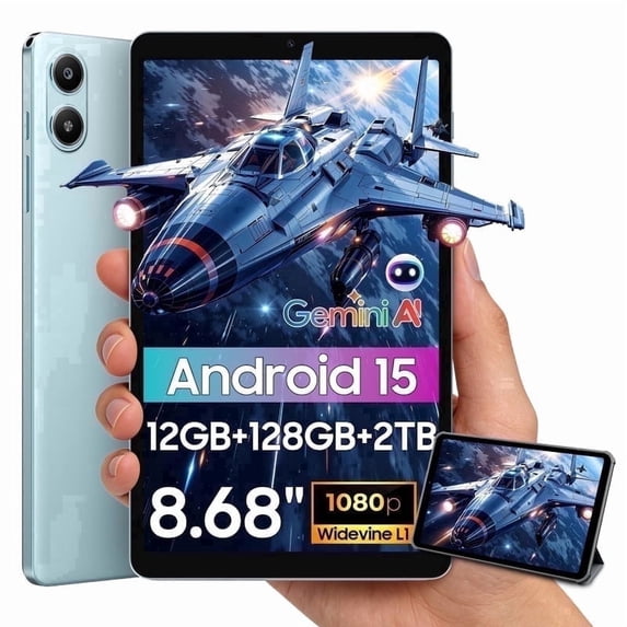 Blackview Android 15 Mini Tablets Link 2 , 8.68 Inch IPS Display, 12GB RAM 128GB ROM /2TB TF, Gemini AI, T310 Ouard-Core, 5000mAh Battery, Widevine L1, Dual Box Speakers,Blue