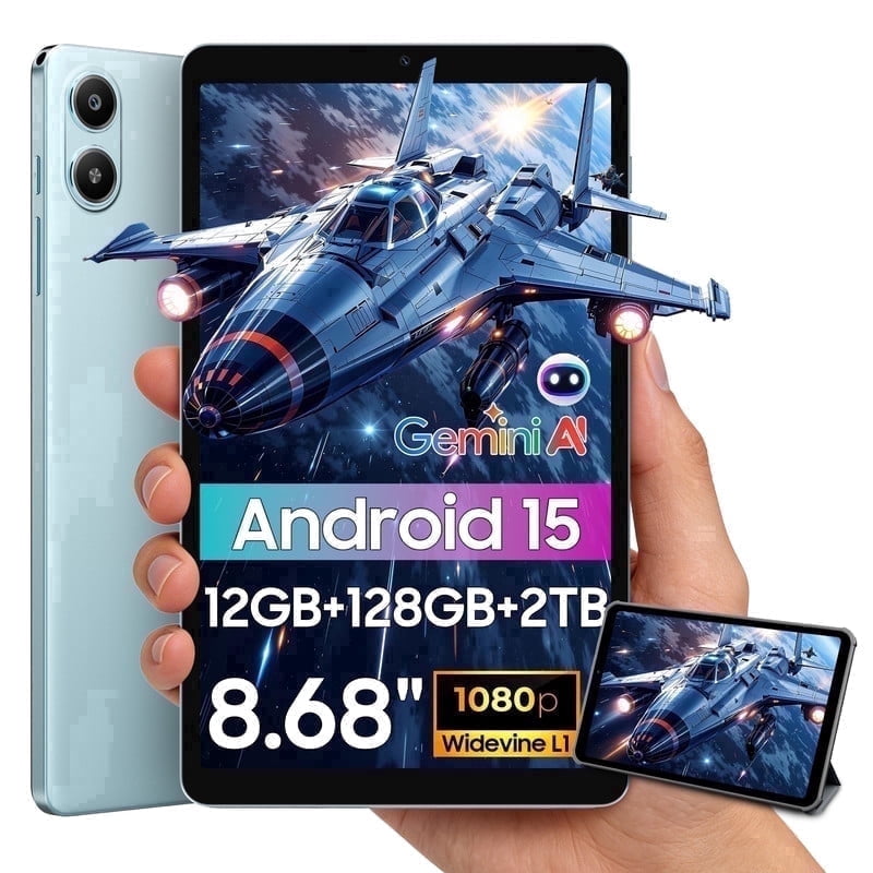Latest Android 15 Tablets Link 2 , 8.68 Inch IPS Display, 12GB RAM 128GB ROM /2TB TF, Gemini AI, T310 Ouard-Core, 5000mAh Battery, Widevine L1, Dual Box Speakers,Blue
