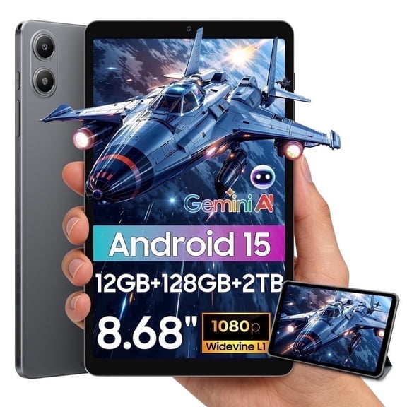 Latest Android 15 Tablets Link 2 , 8.68 Inch IPS Display, 12GB RAM 128GB ROM /2TB TF, Gemini AI, T310 Ouard-Core, 5000mAh Battery, Widevine L1, Dual Box Speakers,Gray