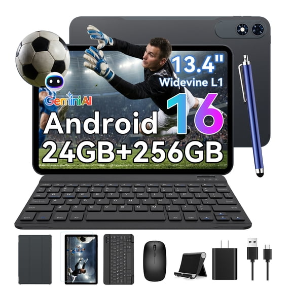 Latest Android 15 Tablets T60 Pro , 13.4 Inch IPS Display, 24GB RAM 256GB ROM /2TB TF, Gemini AI, T7280 Octa-Core+16MP Camera, 10000mAh, Widevine L1, 2 in 1 Tablets with Keyboard Mouse Stylus