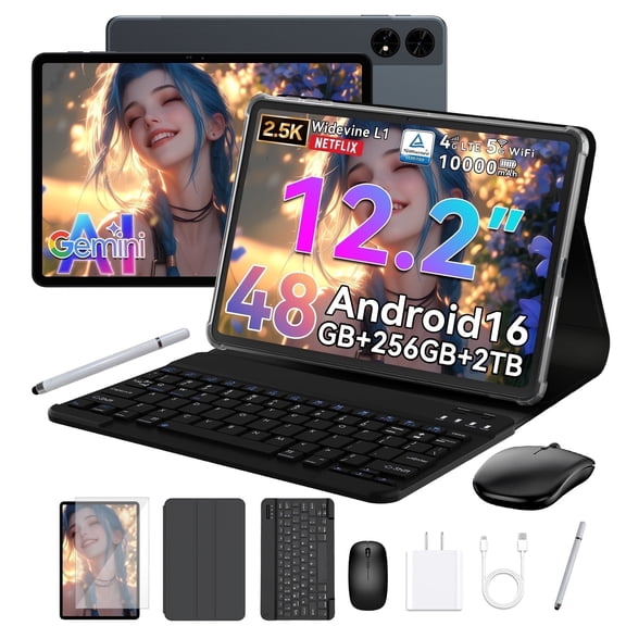 AI Tablet 2026 Android 16, 12" FHD IPS Display, 24GB RAM, 256GB ROM Expandable to 2TB, Gemini AI, Octa-Core T7280, 16MP Camera, 1000mAh Battery, Widevine L1, 2-in-1 with Keyboard, Mouse & Stylus